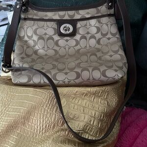 Coach Beige and Brown Signature Shoulder Bag